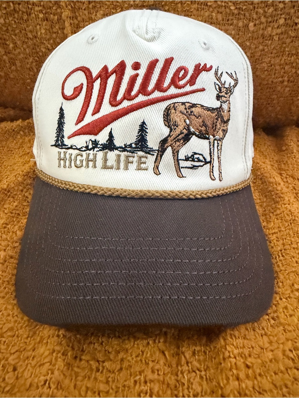 Mad Engine X Miller High Life Cream/Brown Snapback Hat w/ Deer Embroidery Hunter